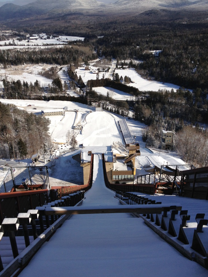 How crazy is this picture?   This is the same view ski jumpers have before they start.  The scary part, is that the ramp extended up about another 30 feet.