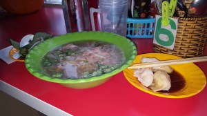 Pho with a side order of shrimp and garlic dumplings.